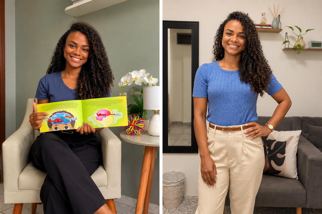 Duas fotos de Ana Nascimento no consultório: à esquerda, sentada em uma poltrona mostrando um livro infantil ilustrado sobre emoções; à direita, em pé na sala de atendimento, com blusa azul e calça clara.