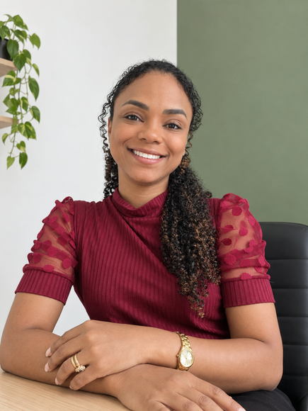 Ana Nascimento, psicóloga, sorrindo, sentada à mesa com os braços cruzados, de blusa vinho, em uma sala com planta e parede verde.